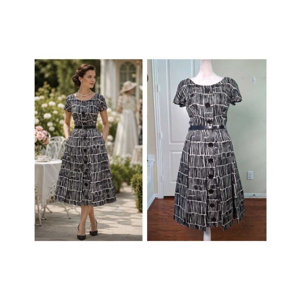 Vintage Branell Dress Silk Black White Women S 50s Trad Wife Fit Flare Retro